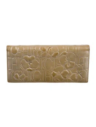 Pre-owned Carolina Herrera Leather Printed Continental Wallet In Gold