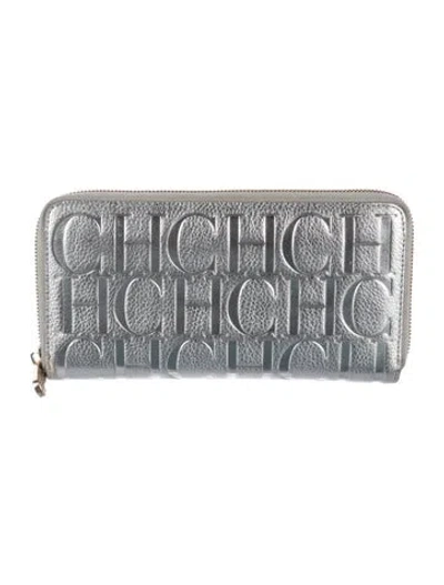 Pre-owned Carolina Herrera Leather Printed Continental Wallet In Silver