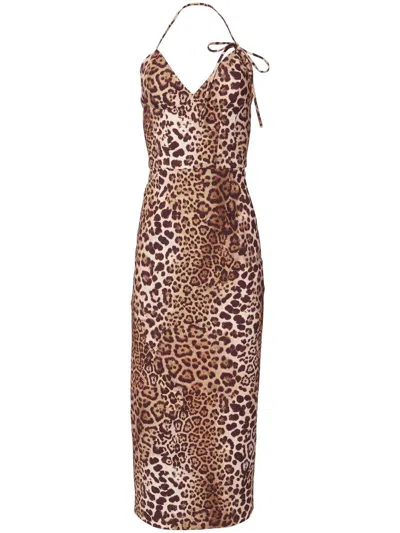 Carolina Herrera Leopard Halter Corset Midi Dress In Multi