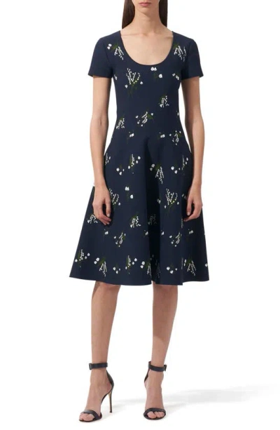 Carolina Herrera Floral Short-sleeve Scoop-neck Flare Dress In Midnight Multi