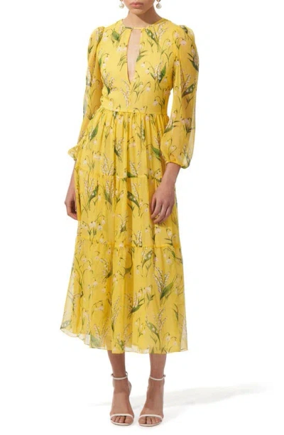 Carolina Herrera Lily Of The Valley Print Silk Georgette Midi Dress In Sunshine Yellow Multi