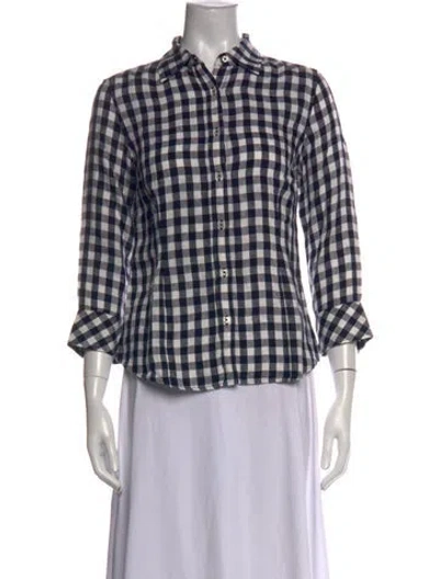 Pre-owned Carolina Herrera Linen Plaid Print Blouse In Blue