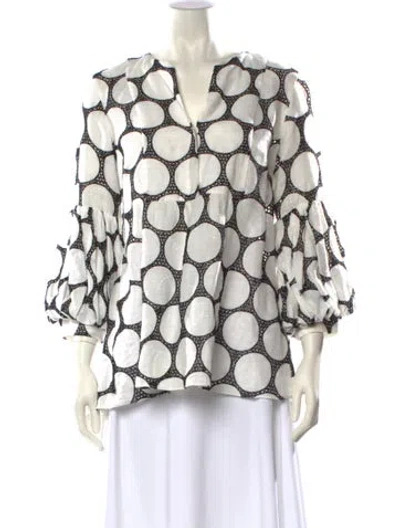 Pre-owned Carolina Herrera Linen Polka Dot Print Blouse In White