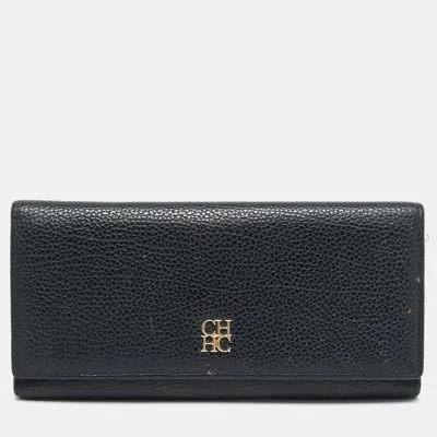 Pre-owned Carolina Herrera Logo Black Leather Trifold Wallet