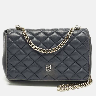 Pre-owned Carolina Herrera Logo Flap Navy Blue Quilted Leather Shoulder Bag
