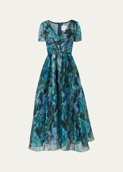 Carolina Herrera Long Abstract V-neck Silk Dress In Midnightmu