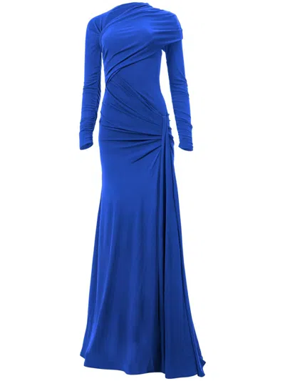 Carolina Herrera Long-sleeve Draped Gown In Blue