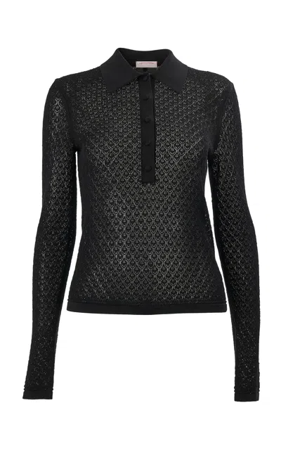 Carolina Herrera Long-sleeve Pointelle Stitch Knit Polo In Black