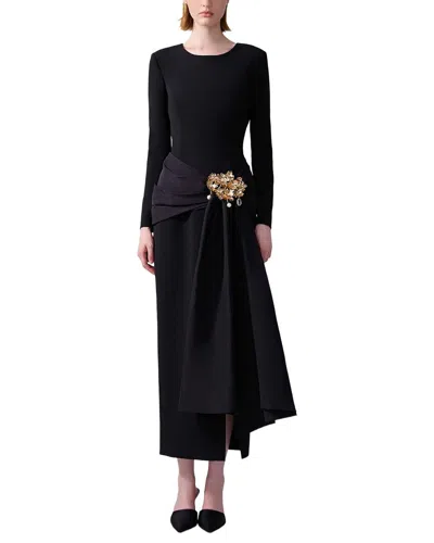 Carolina Herrera Ls Cn Midi Dress W/ Hip Sash In Black
