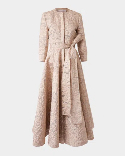 CAROLINA HERRERA METALLIC FLORAL BROCADE BELTED MIDI TRENCH DRESS