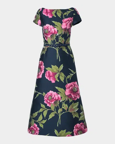 Carolina Herrera Metallic Floral Jacquard Short-sleeve Belted Midi Dress In Multi