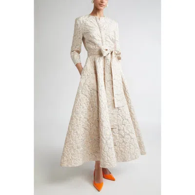 Carolina Herrera Metallic Floral Jacquard Trench Midi Dress In White