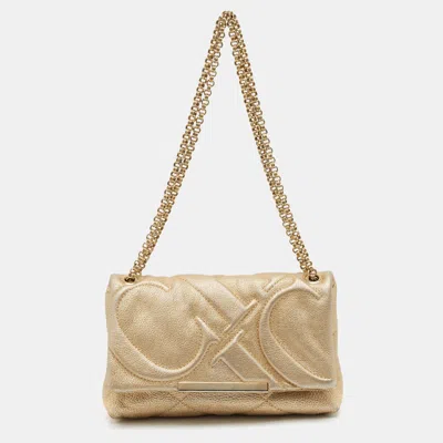 Pre-owned Carolina Herrera Metallic Gold Embossed Leather Metal Flap Shoulder Bag