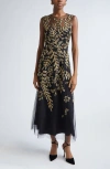 Carolina Herrera Metallic Leaf Embroidered Tulle Gown In Black