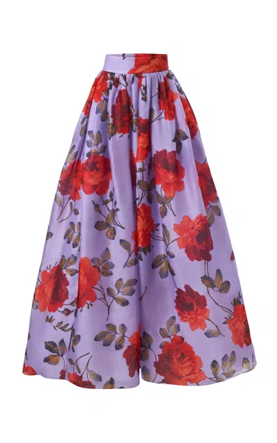 Carolina Herrera Mid-rise Stemmed-rose-printed Crepe Ball Skirt In Purple