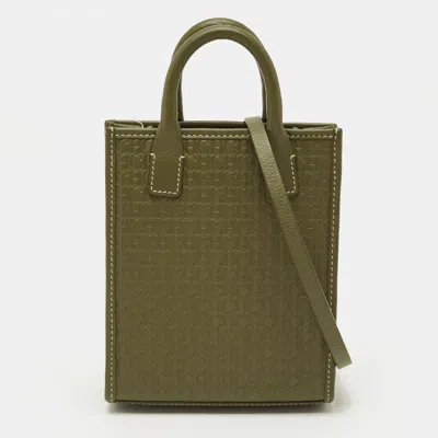 Carolina Herrera Mini Green Monogram Embossed Leather And Suede Tote