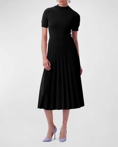 Carolina Herrera Mock Neck Pleated Knit Midi Dress In Black