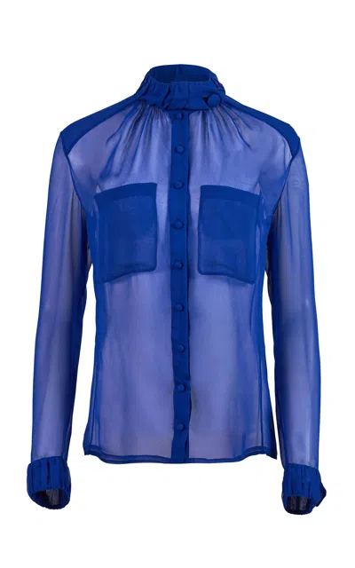 Carolina Herrera Mock Neck Silk Chiffon Top In Blue