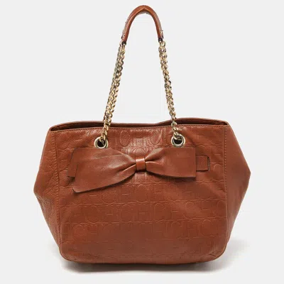 Carolina Herrera Monogram Embossed Leather Audrey Shoulder Bag In Brown