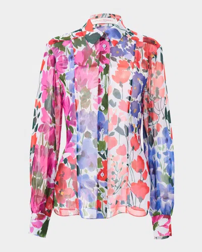 Carolina Herrera Multi-floral Print Chiffon Classic Blouse In Rosa