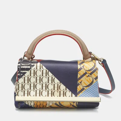 Pre-owned Carolina Herrera Multicolor Monogram Satin And Leather Metal Flap Top Handle Bag