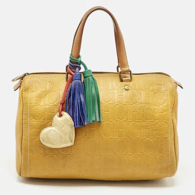 Pre-owned Carolina Herrera Mustard/beige Monogram Leather Large Andy Satchel In Yellow