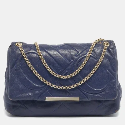 Pre-owned Carolina Herrera Navy Blue Embossed Leather Metal Flap Chain Shoulder Bag