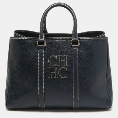 Pre-owned Carolina Herrera Navy Blue Grained Leather Matteo Tote