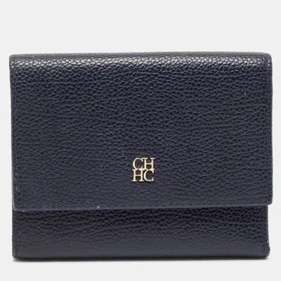 Carolina Herrera Navy Blue Leather Logo Trifold Wallet