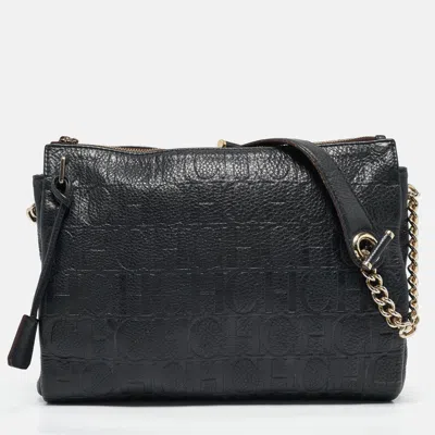 Pre-owned Carolina Herrera Navy Blue Monogram Embossed Leather Chain Shoulder Bag