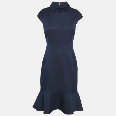 Pre-owned Carolina Herrera Navy Blue Textured Crepe Flounce Short Dress S