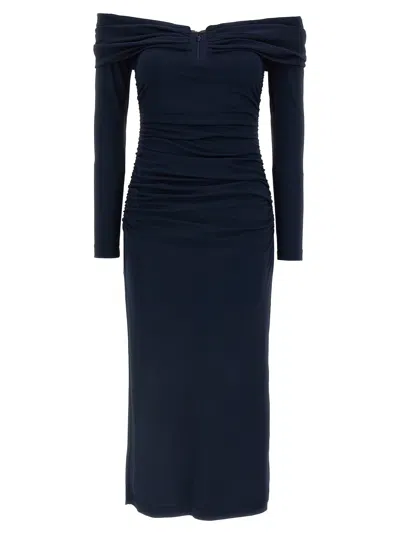 Carolina Herrera Off-shoulder 3/4 Slv Ruched Midi Dress In Blue