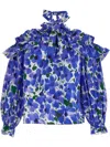 Carolina Herrera Poppy-print Halter Off-the-shoulder Top In 蓝色