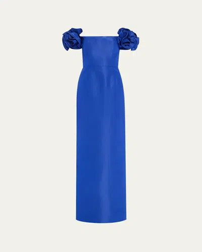 Carolina Herrera Off-shoulder Flower Column Gown In Ultramarin