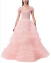 Carolina Herrera Off-shoulder Pleated Tulle Ruffle Gown In Pink