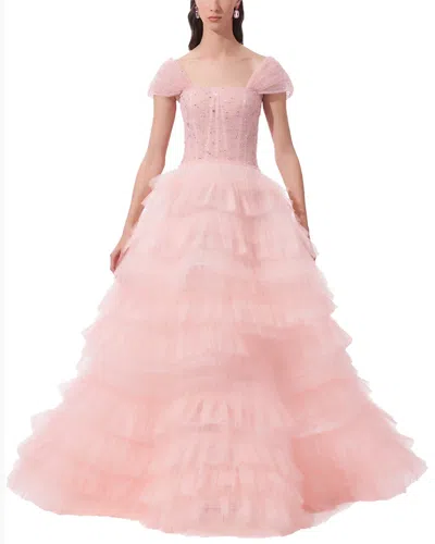 Carolina Herrera Off-shoulder Pleated Tulle Ruffle Gown In Pink