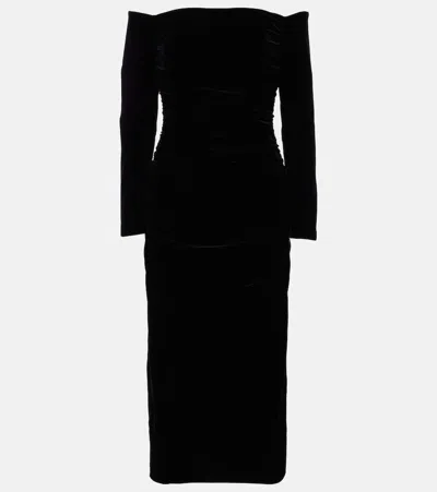 Carolina Herrera Off-shoulder Ruched Velvet Midi Dress In Black