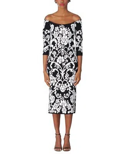 Pre-owned Carolina Herrera Off Shoulder Scoop Neck Fitted Midi Dress Women's In Black/white