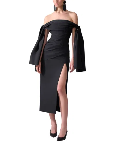 Carolina Herrera Off Shoulder Tie Draped Midi Dress In Black