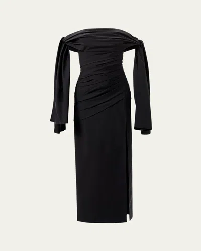 Carolina Herrera Off-shoulder Tie Draped Midi Dress In Black