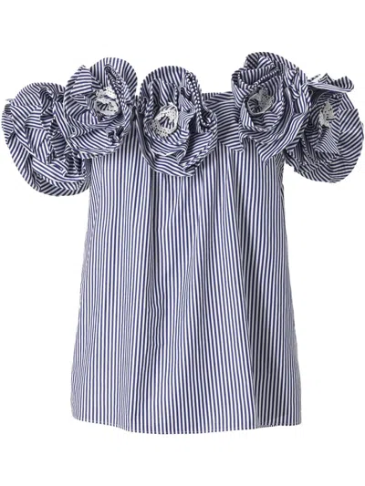 Carolina Herrera Ruffled Off-the-shoulder Striped Cotton-poplin Top In Blue