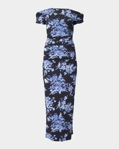CAROLINA HERRERA OFF-THE-SHOULDER FLORAL GATHERED BODY-CON DRESS