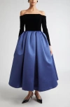 Carolina Herrera Off The Shoulder Long Sleeve Mixed Media Cocktail Dress In Blue