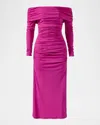 Carolina Herrera Off-the-shoulder Long-sleeve Ruched Midi Dress In Berry