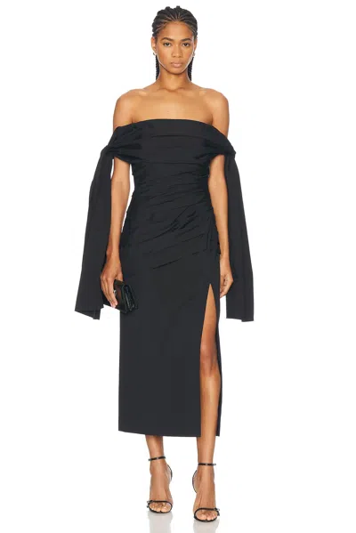 Carolina Herrera Off-the-shoulder Draped Cotton-blend Poplin Midi Dress In Blue