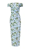 Carolina Herrera Off-the-shoulder Painted Rose Jersey Midi Dress In Blue