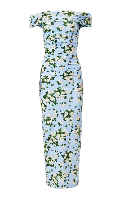 Carolina Herrera Off-the-shoulder Painted Rose Jersey Midi Dress In Blue