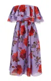 Carolina Herrera Off-the-shoulder Stemmed-rose-printed Crepe Midi Dress In Purple