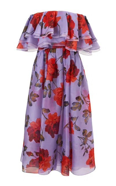 Carolina Herrera Off-the-shoulder Stemmed-rose-printed Crepe Midi Dress In Purple