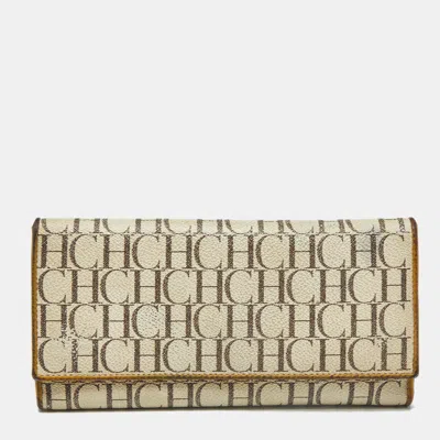 Pre-owned Carolina Herrera Off White Monogram Coated Canvas And Leather Trifold Continental Wallet